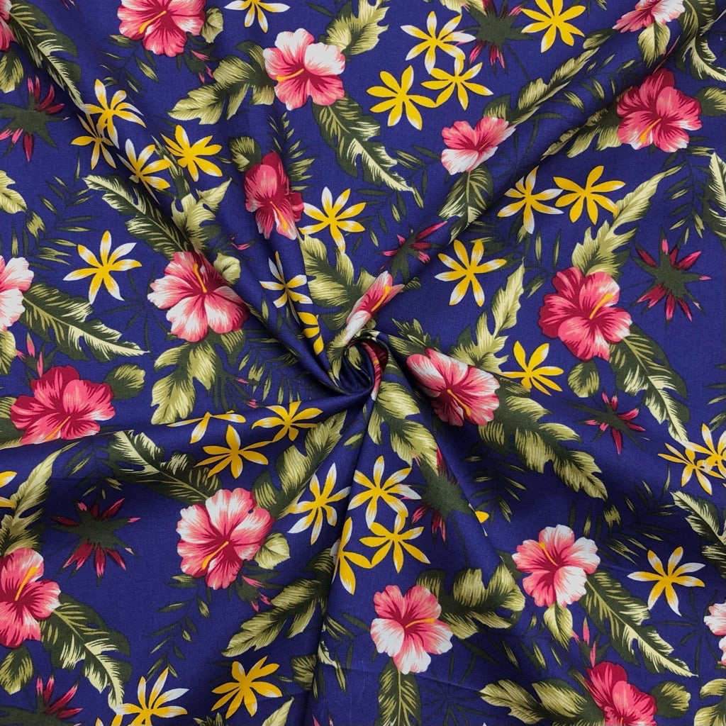 Red Spring Flowers and Leaves Cotton Poplin Fabric