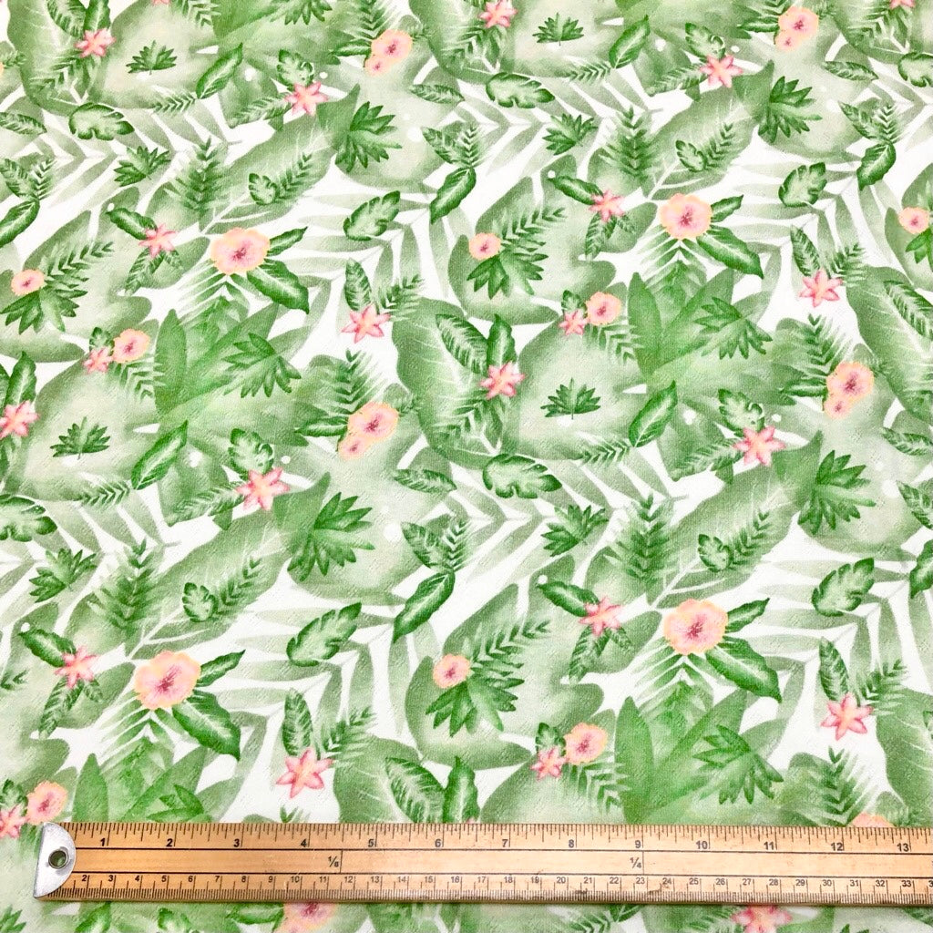 Pink Flowers and Leaves on White Pointelle Jersey Fabric - Pound Fabrics