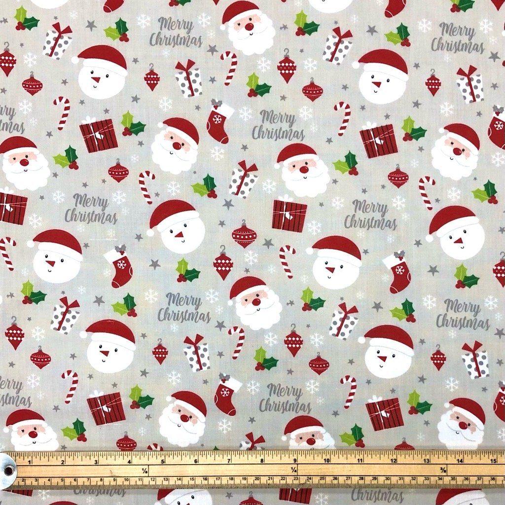 Christmas Ornaments on Silver Polycotton Fabric - Pound Fabrics