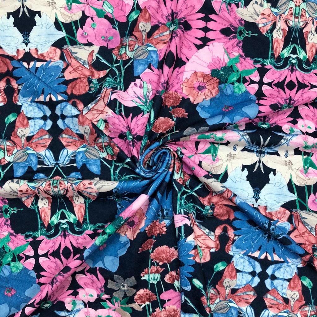 Pink/Blue/Red Floral on Black Viscose Knit Fabric - Pound Fabrics
