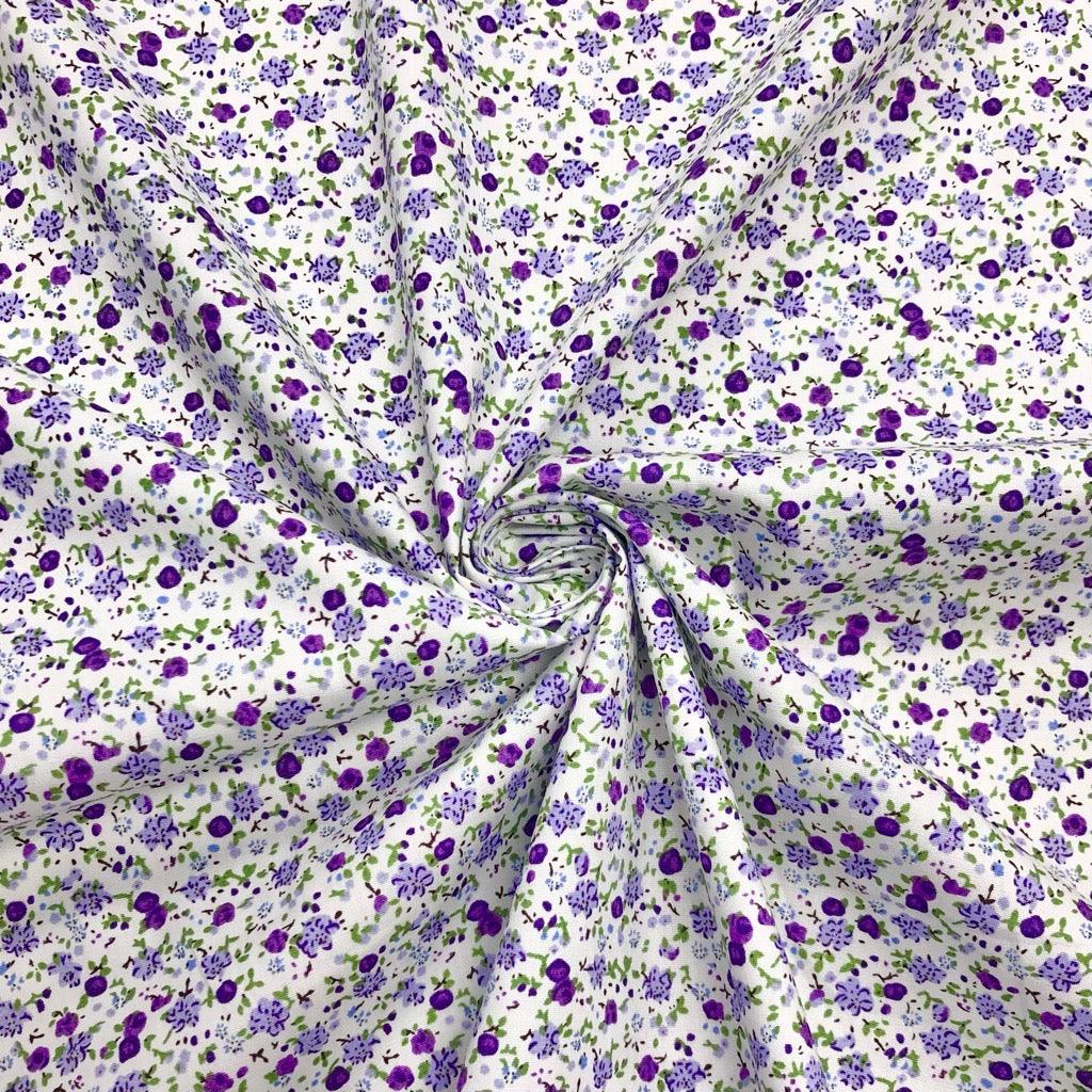 Small Lilac and Purple Floral on White Cotton Poplin Fabric - Pound Fabrics