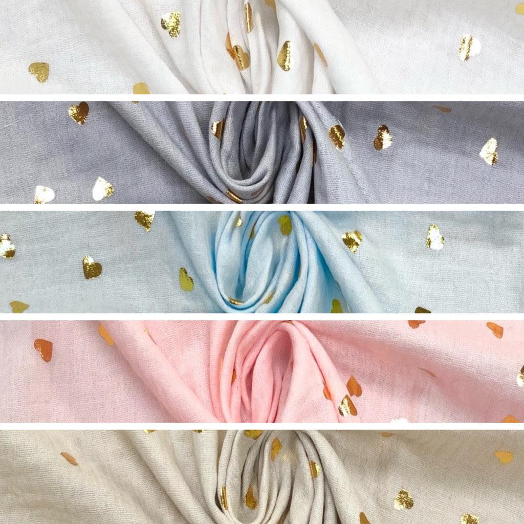 Scattered Hearts Gold Metallic Double Gauze Fabric - Pound Fabrics