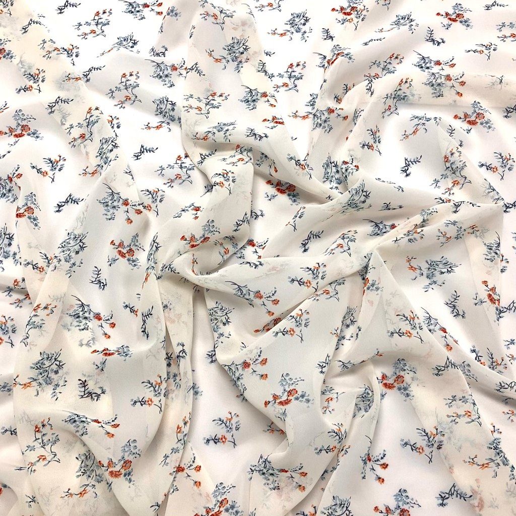 Orange and Greyish Blue Flowers on Cream Chiffon Fabric (6548200947735)