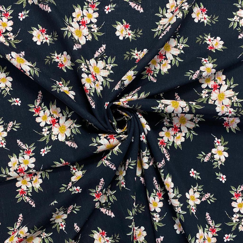 Floral Bunches on Midnight Linen Mix Fabric - Pound Fabrics