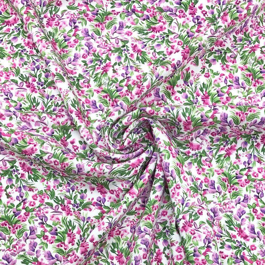 All Over Floral Jungle on White Viscose Challis Fabric - Pound Fabrics