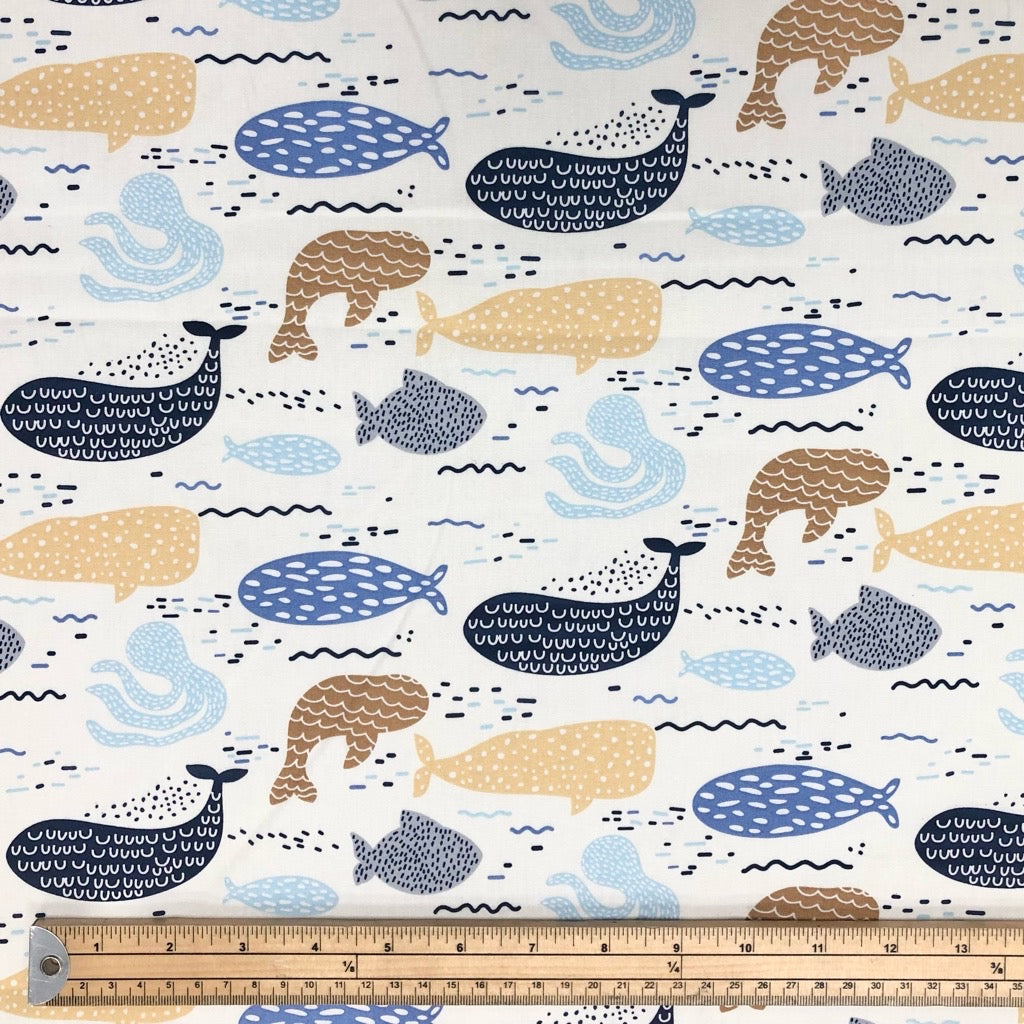 Sea Animals on Cream Rose &amp; Hubble Cotton Poplin Fabric - Pound Fabrics