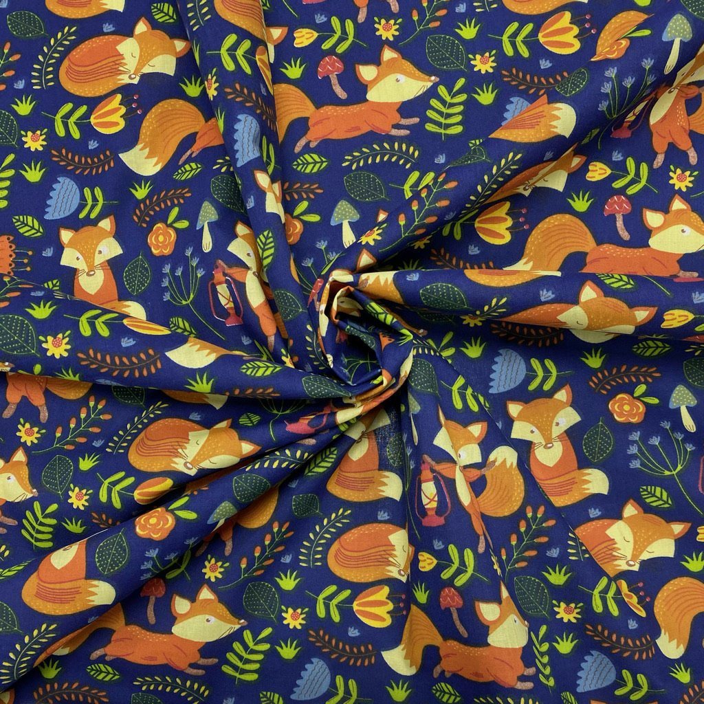 Foxes on Navy Polycotton Fabric (6549686812695)