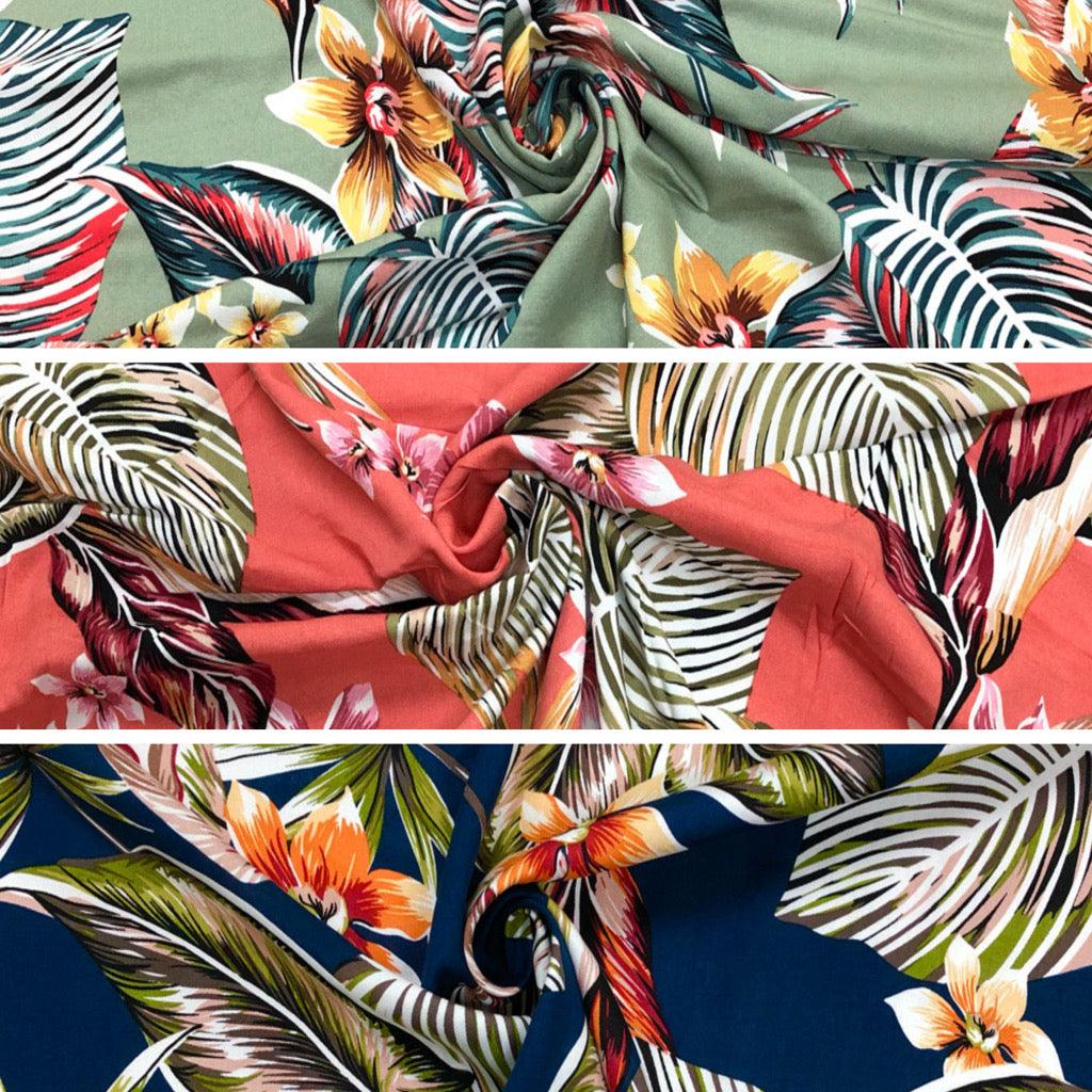 Large Tropical Flowers and Leaves Viscose Challis Fabric - Pound Fabrics