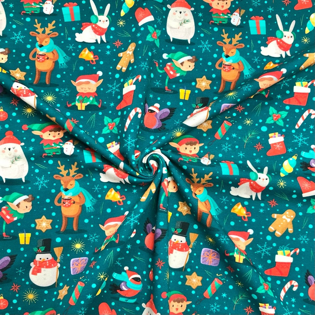 Christmas Motif on Teal French Terry Fabric