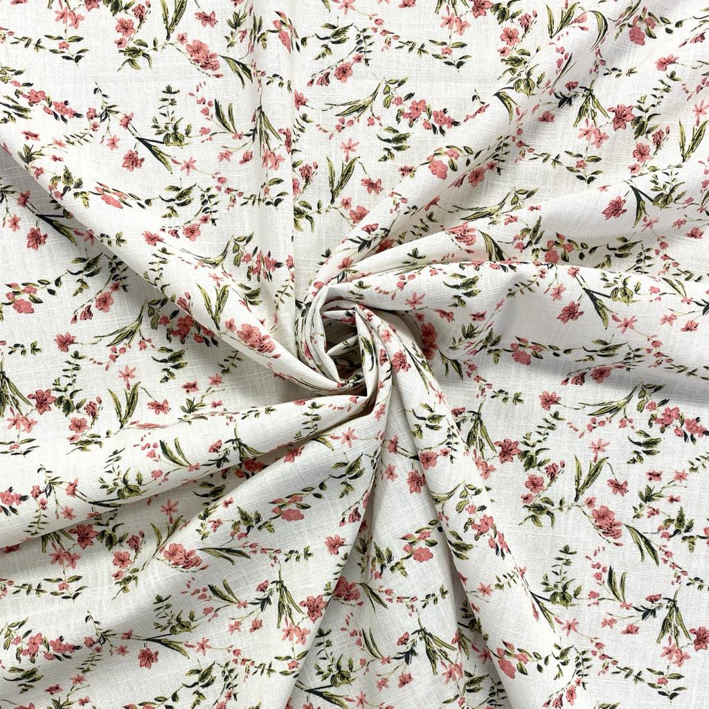 Mini Pink Flowers on Ivory Linen Mix Fabric - Pound Fabrics