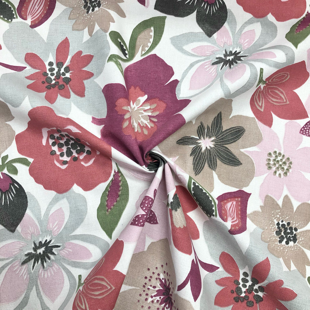 Large Floral Garden on White Panama Fabric