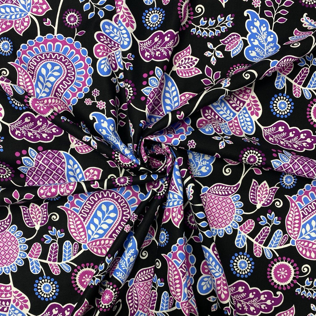 Purple Henna Art on Black Cotton Poplin Fabric - 58&quot; wide (6569504702487)