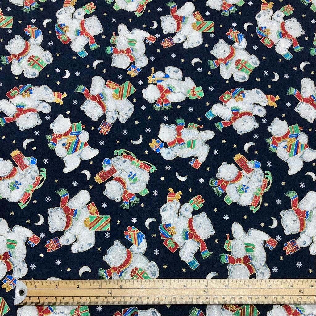 Polar Bears and Presents on Navy Rose & Hubble Cotton Fabric - Pound Fabrics