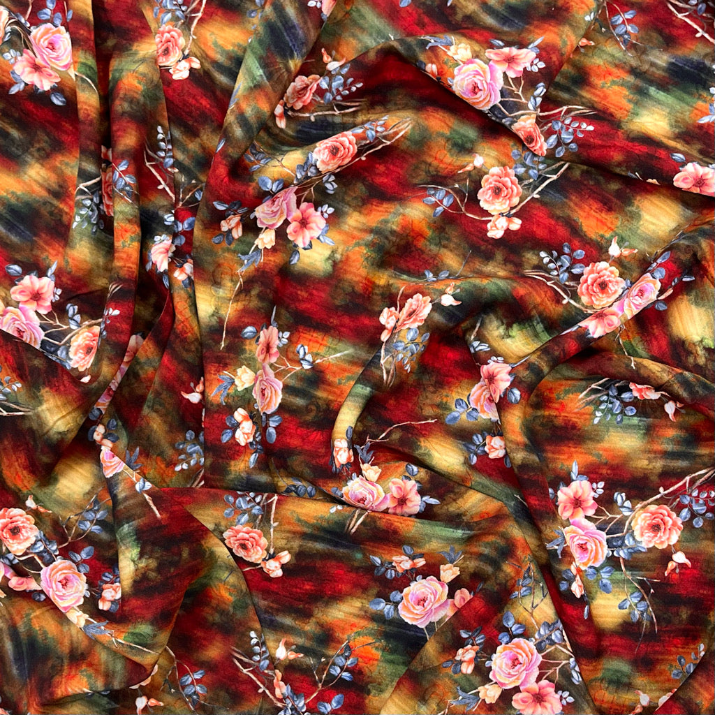 Digital Flower Bunches on Burnt Orange and Khaki Viscose Challis Fabric - Pound Fabrics