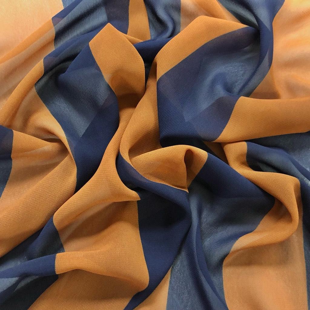 Navy and Ochre Stripes Chiffon Fabric - 3m Pre-cut - Pound Fabrics