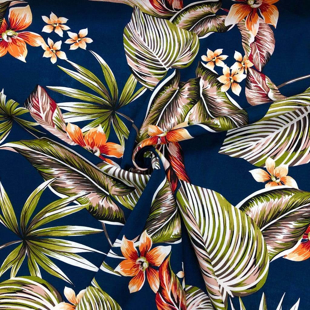 Large Tropical Flowers and Leaves Viscose Challis Fabric - Pound Fabrics