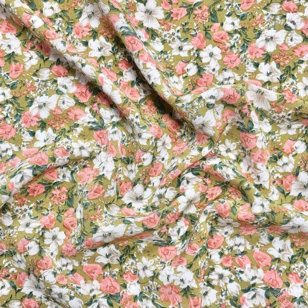 Vintage Pink and Cream on Khaki Floral Polyester Crepe Fabric - Pound Fabrics