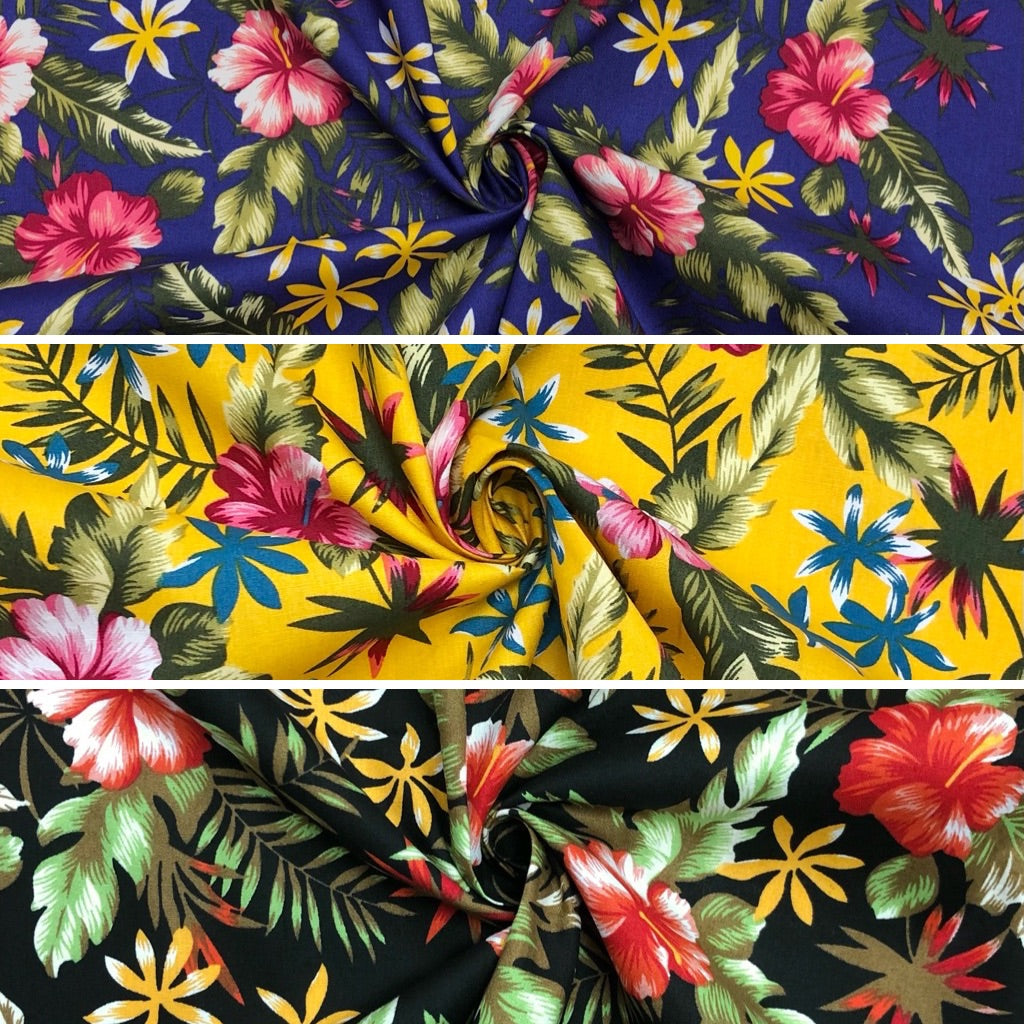 Red Spring Flowers and Leaves Cotton Poplin Fabric