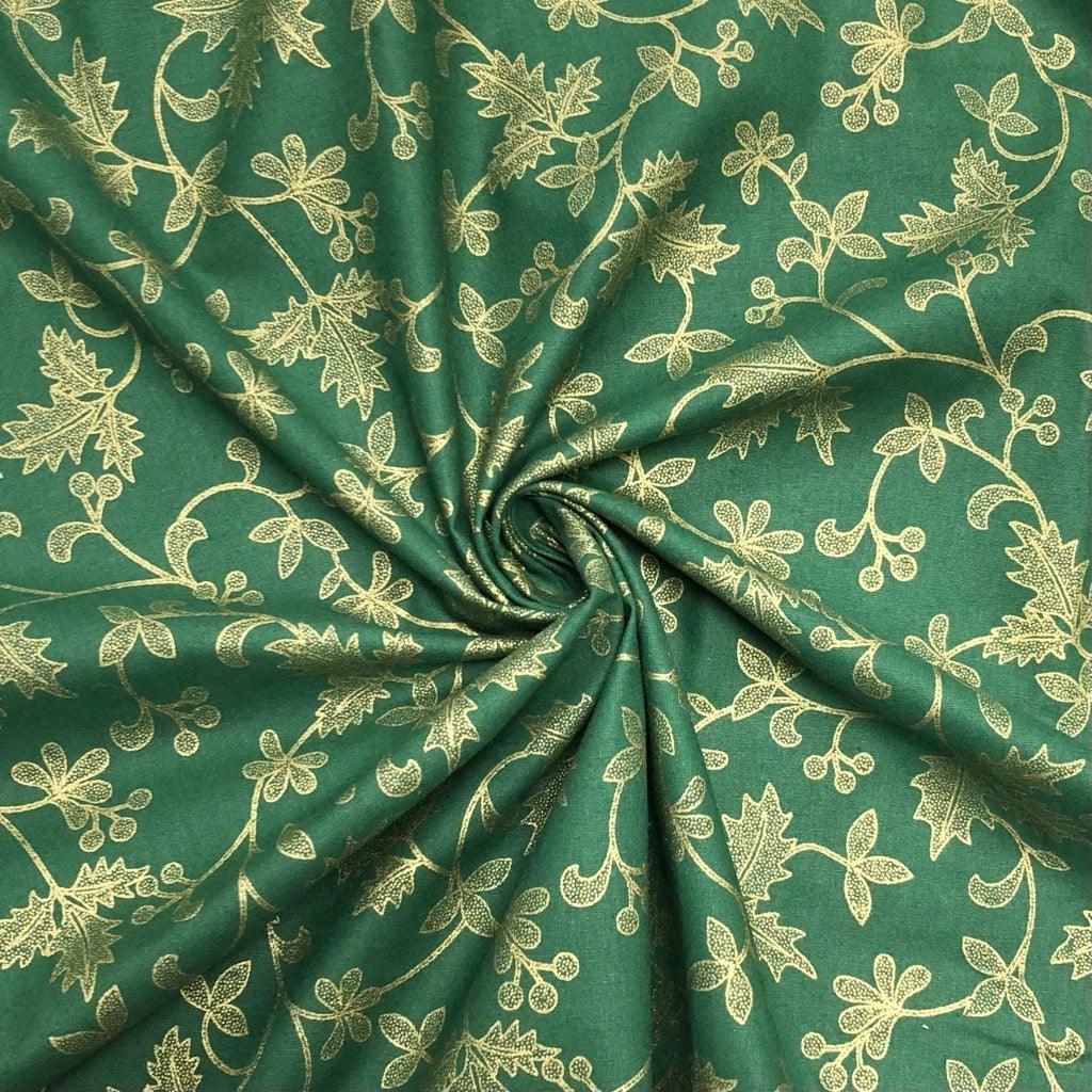 Metallic Foil Holly Christmas Cotton Fabric - John Louden - Pound Fabrics