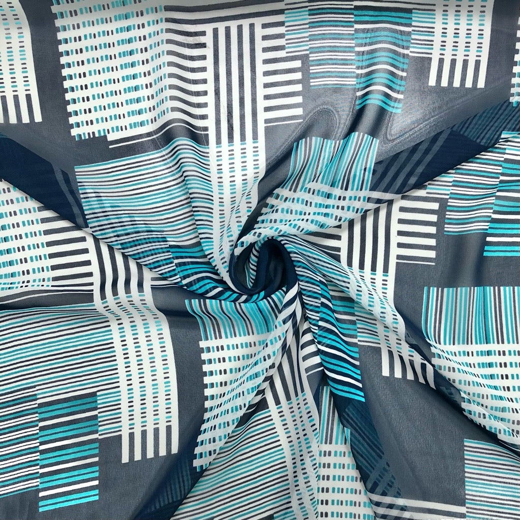 Green and White Rectangular Shapes on Navy Chiffon Fabric - Pound Fabrics