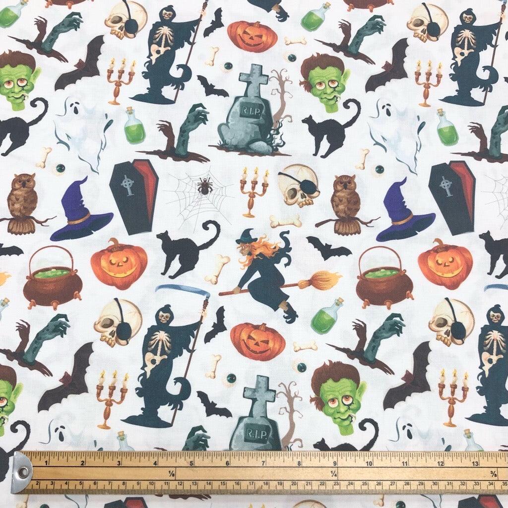All Over Halloween Prints on White Rose & Hubble Halloween Cotton Fabric - Pound Fabrics