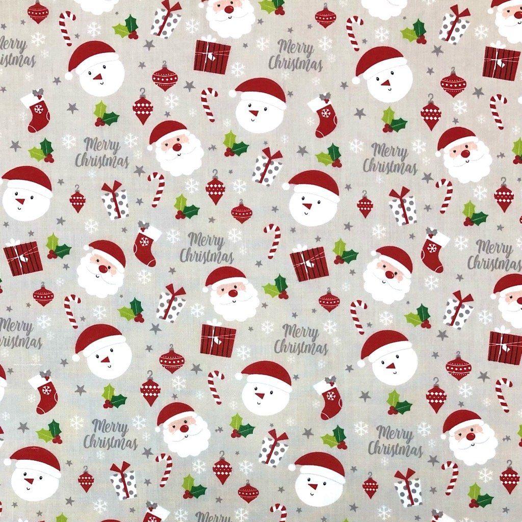 Christmas Ornaments on Silver Polycotton Fabric - Pound Fabrics