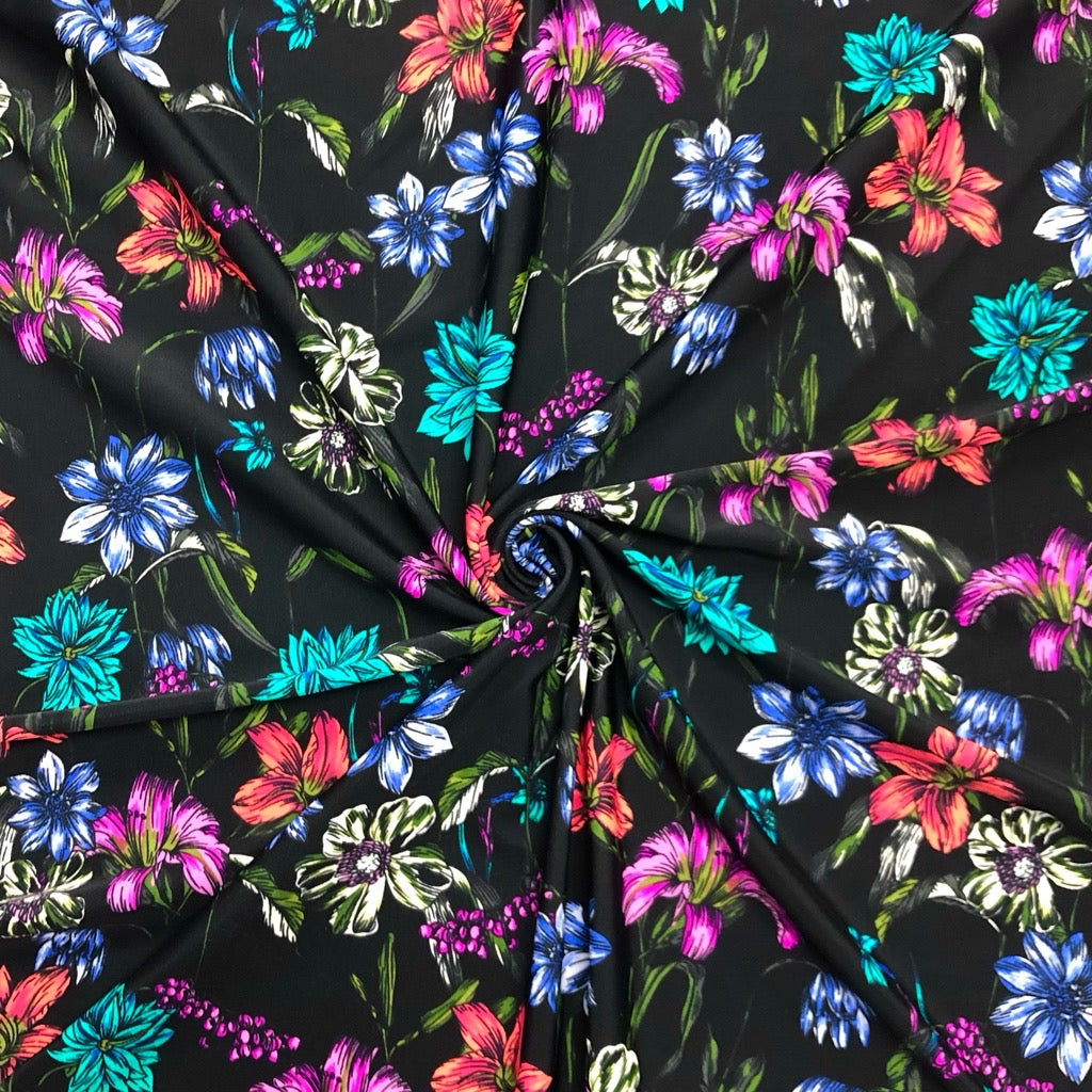 Flower Garden on Black Lycra Spandex Fabric