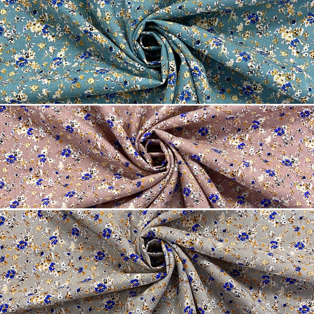 Ditsy Blue Floral Linen Mix Fabric - Pound Fabrics