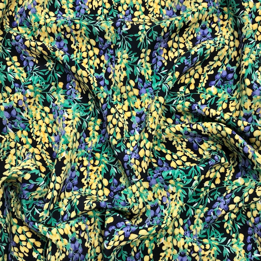 All Over Yellow/Purple Floral Branches on Black Polyester Crepe Fabric - Pound Fabrics