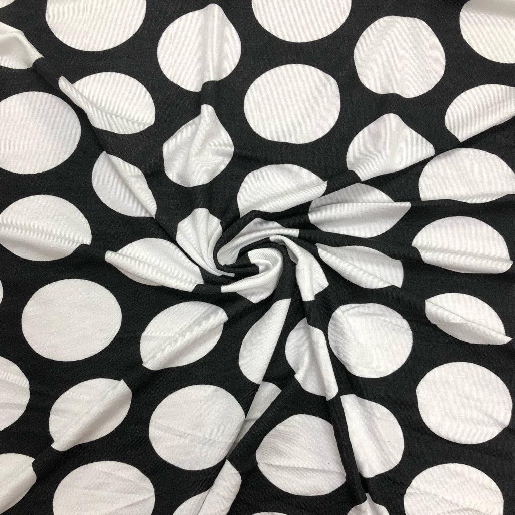 Large White Dots on Black Viscose Knit Fabric - Pound Fabrics
