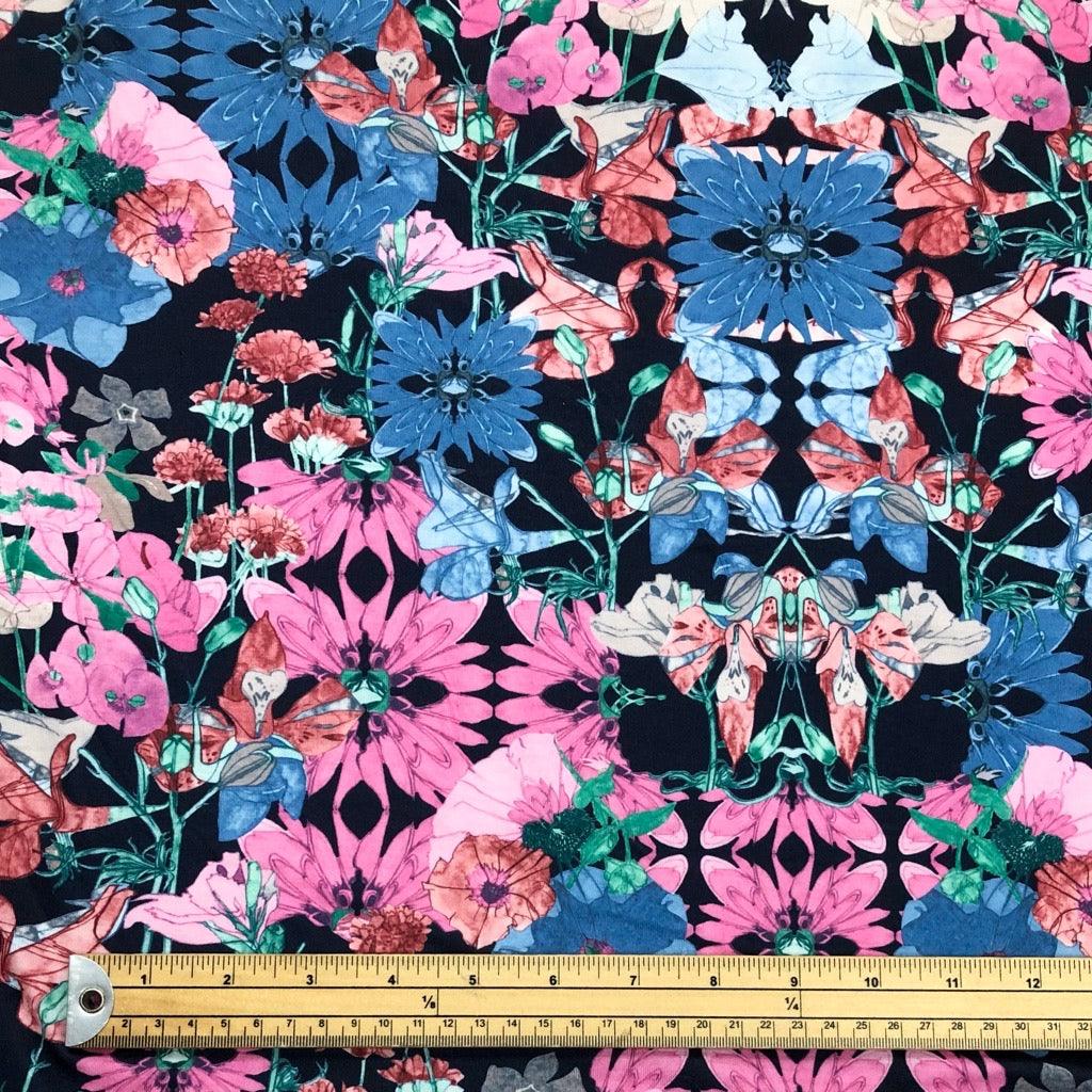 Pink/Blue/Red Floral on Black Viscose Knit Fabric - Pound Fabrics