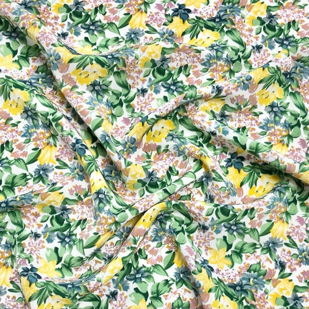 Yellow and Green Floral on White Polyester Crepe Fabric - Pound Fabrics