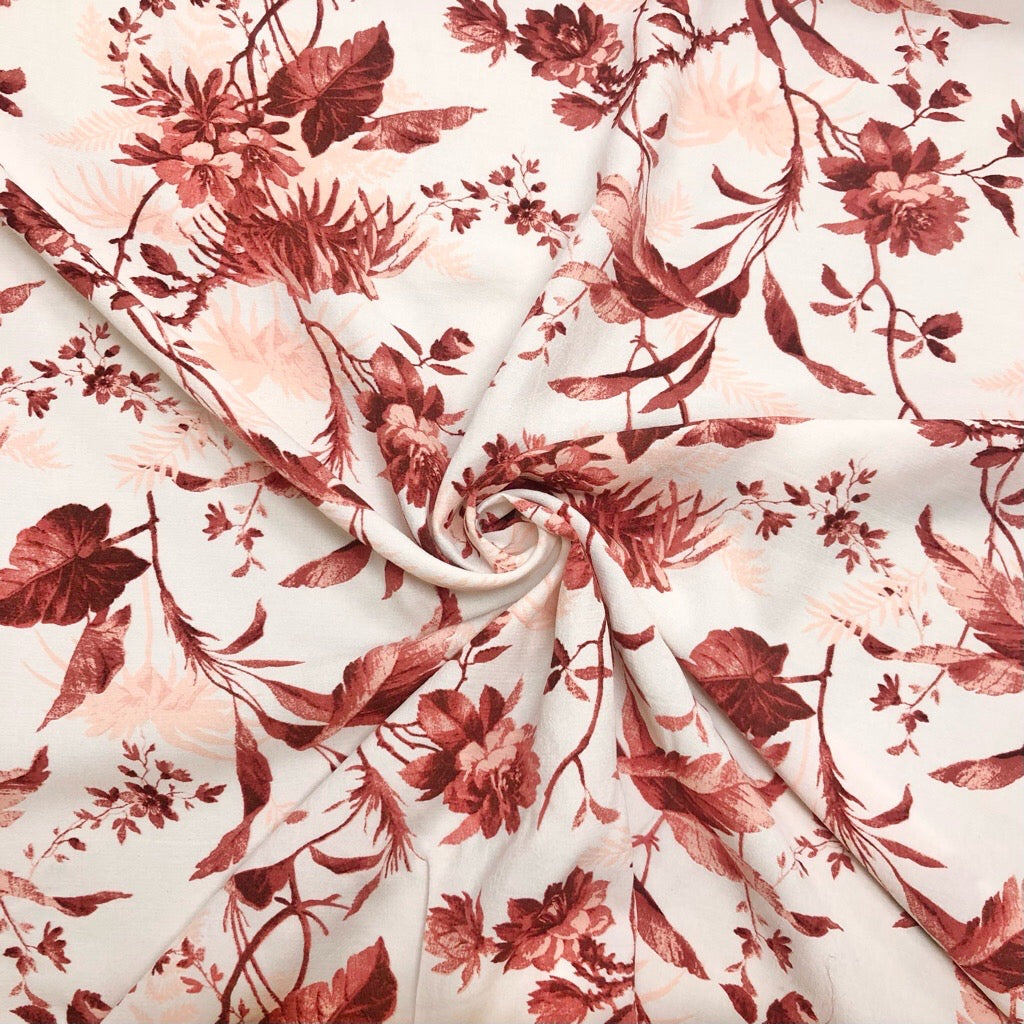 Brown Floral and Leaves on Cream Viscose Morocaine Fabric - Pound Fabrics