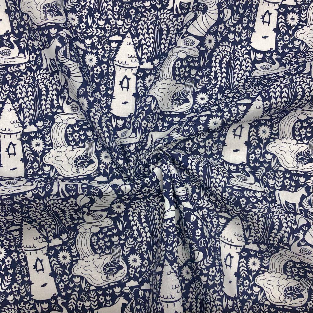 Busy Floral Cottage on Navy Polycotton Fabric - Pound Fabrics