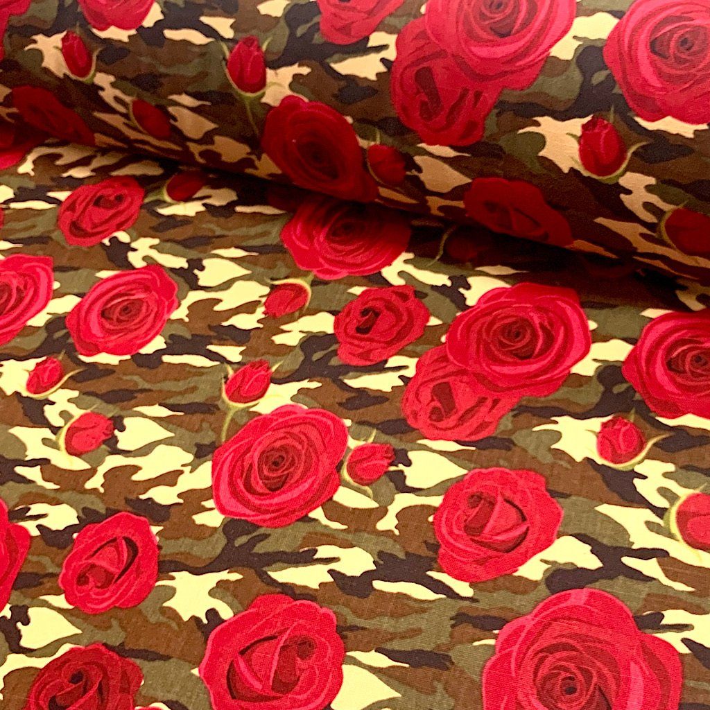 Camo Roses Cotton Canvas Fabric (6544601907223)