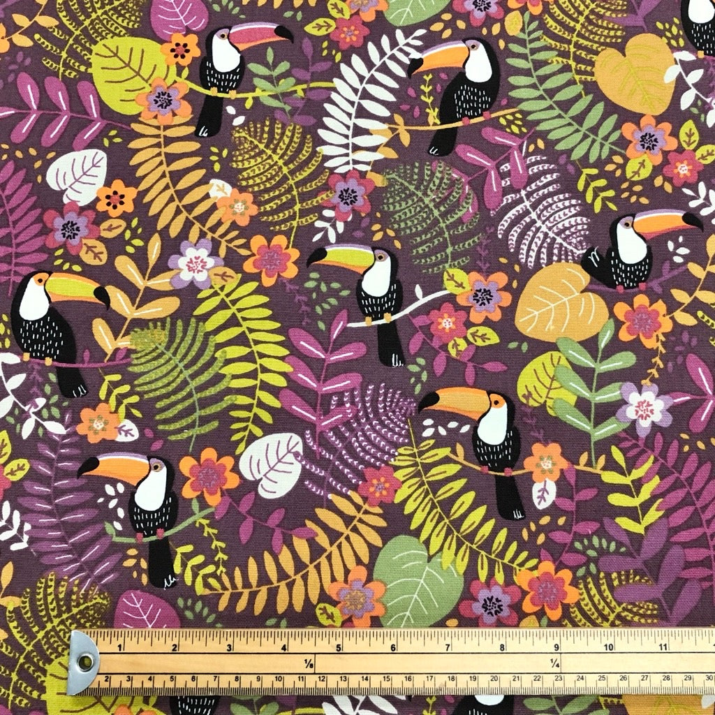 Toucans in Rainforest on Purple Panama Fabric