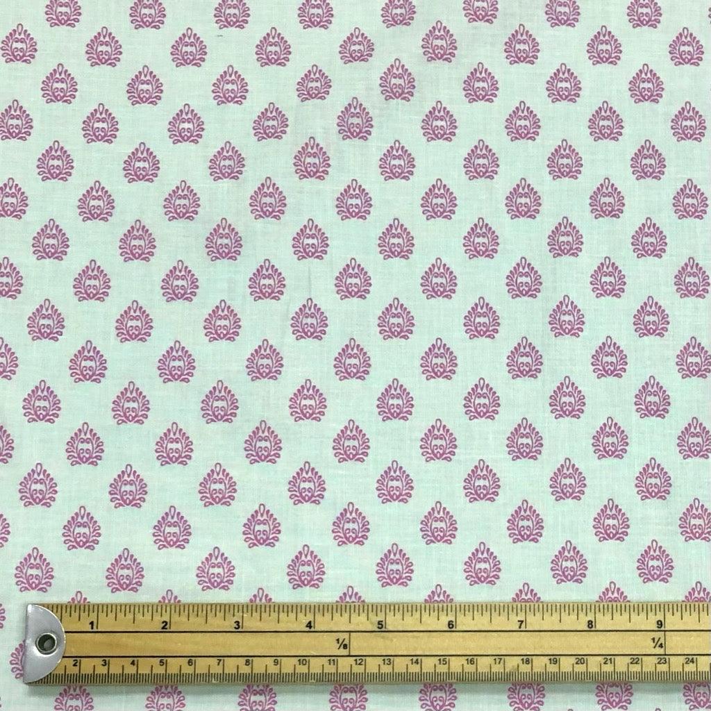 Purple Abstract Patterns on Pale Mint Cotton Poplin Fabric - 58" wide - Pound Fabrics