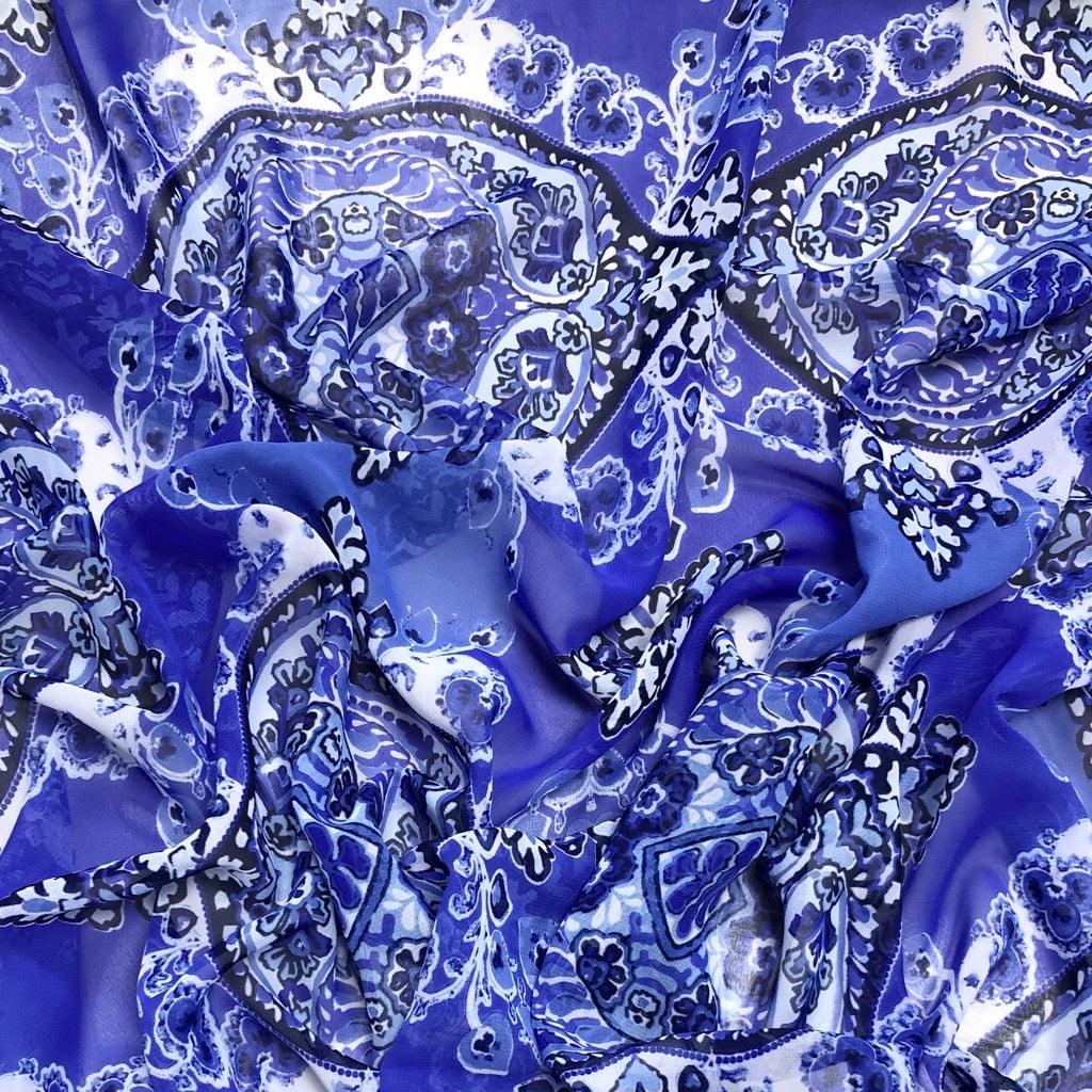 Large Symmetrical Design on Blue Chiffon Fabric - Pound Fabrics
