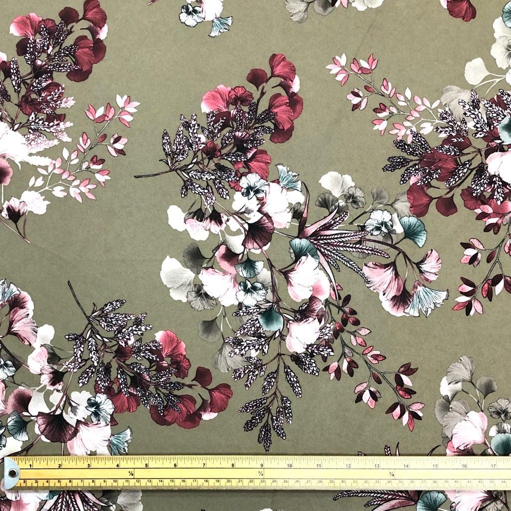 Pink Floral on Beige Stretch Polyester Fabric - Pound Fabrics