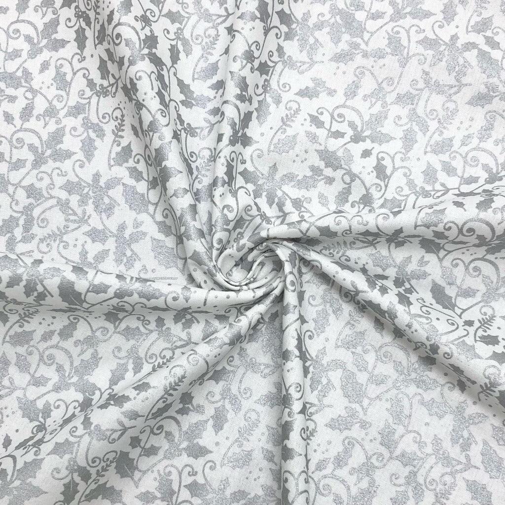 Glitter Foil Leaves and Swirls on White Christmas Cotton Fabric - John Louden - Pound Fabrics