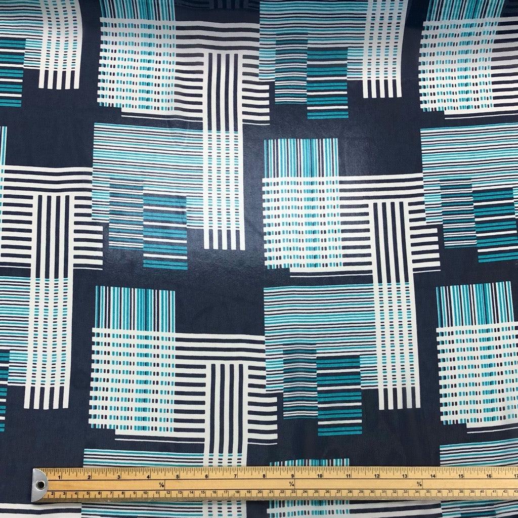 Green and White Rectangular Shapes on Navy Chiffon Fabric - Pound Fabrics
