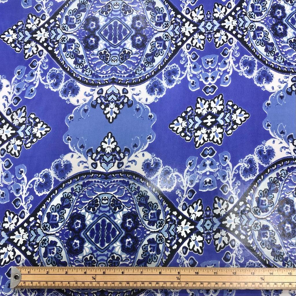 Large Symmetrical Design on Blue Chiffon Fabric - Pound Fabrics
