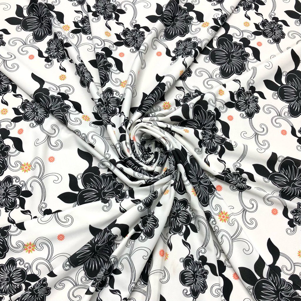 Black Floral on White Lycra Spandex Fabric (6555122204695)