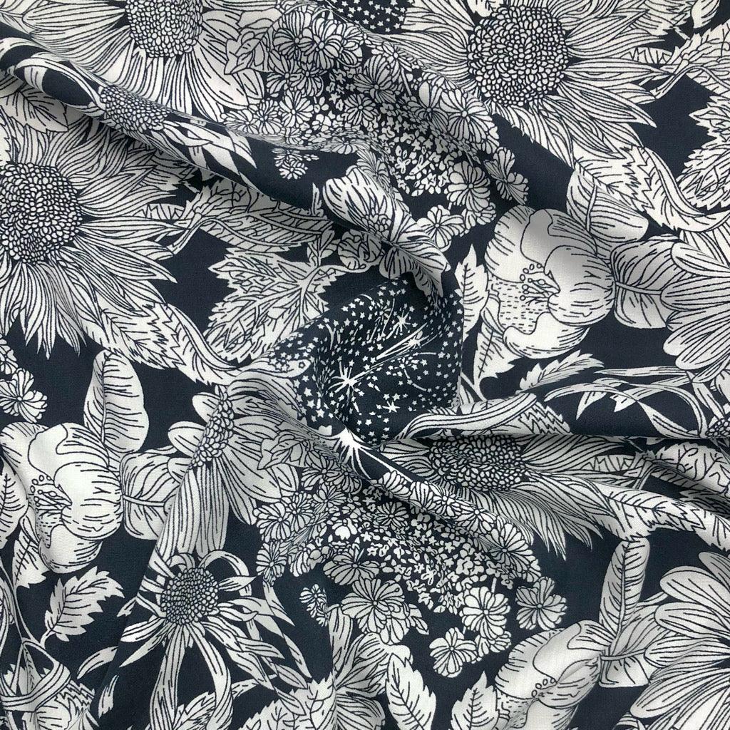 White Floral Field Viscose Challis Fabric - Pound Fabrics