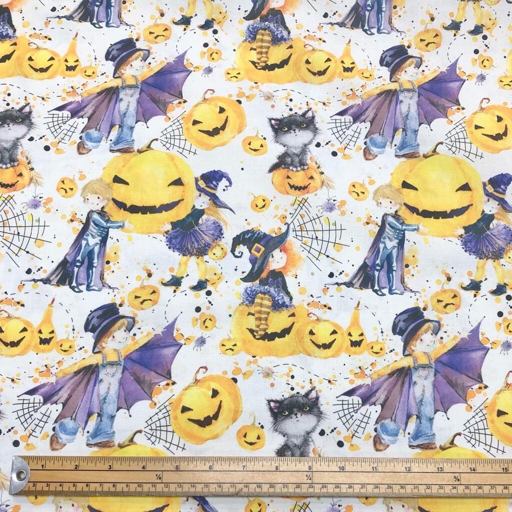 Witches, Pumpkins and Cats on White Rose & Hubble Cotton Fabric - Pound Fabrics