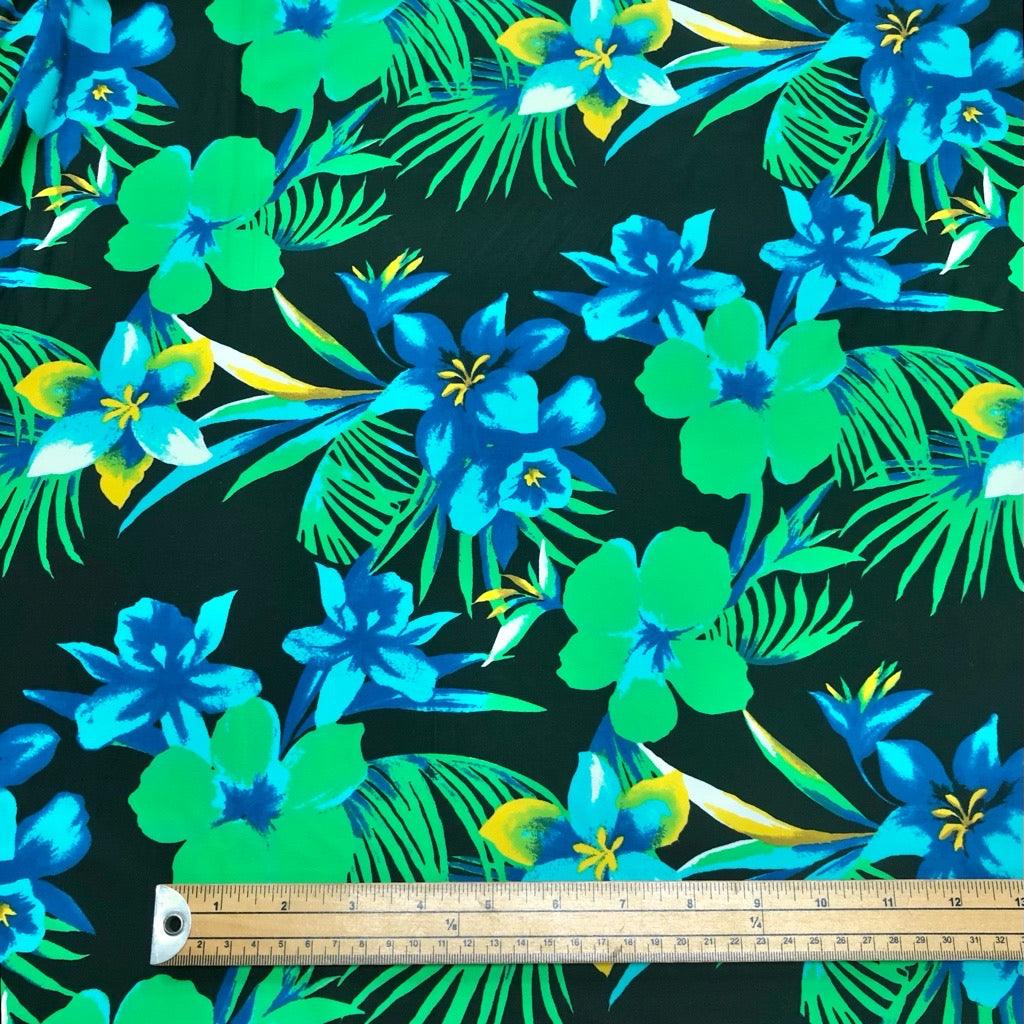 Blue and Green Floral on Black Lycra Spandex Fabric - Pound Fabrics