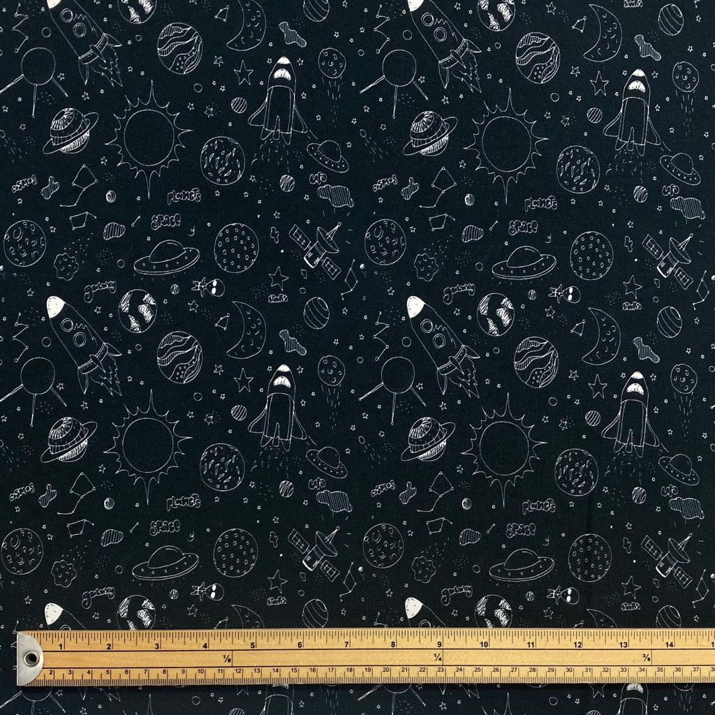 Space Doodle on Black French Terry Fabric - Pound Fabrics