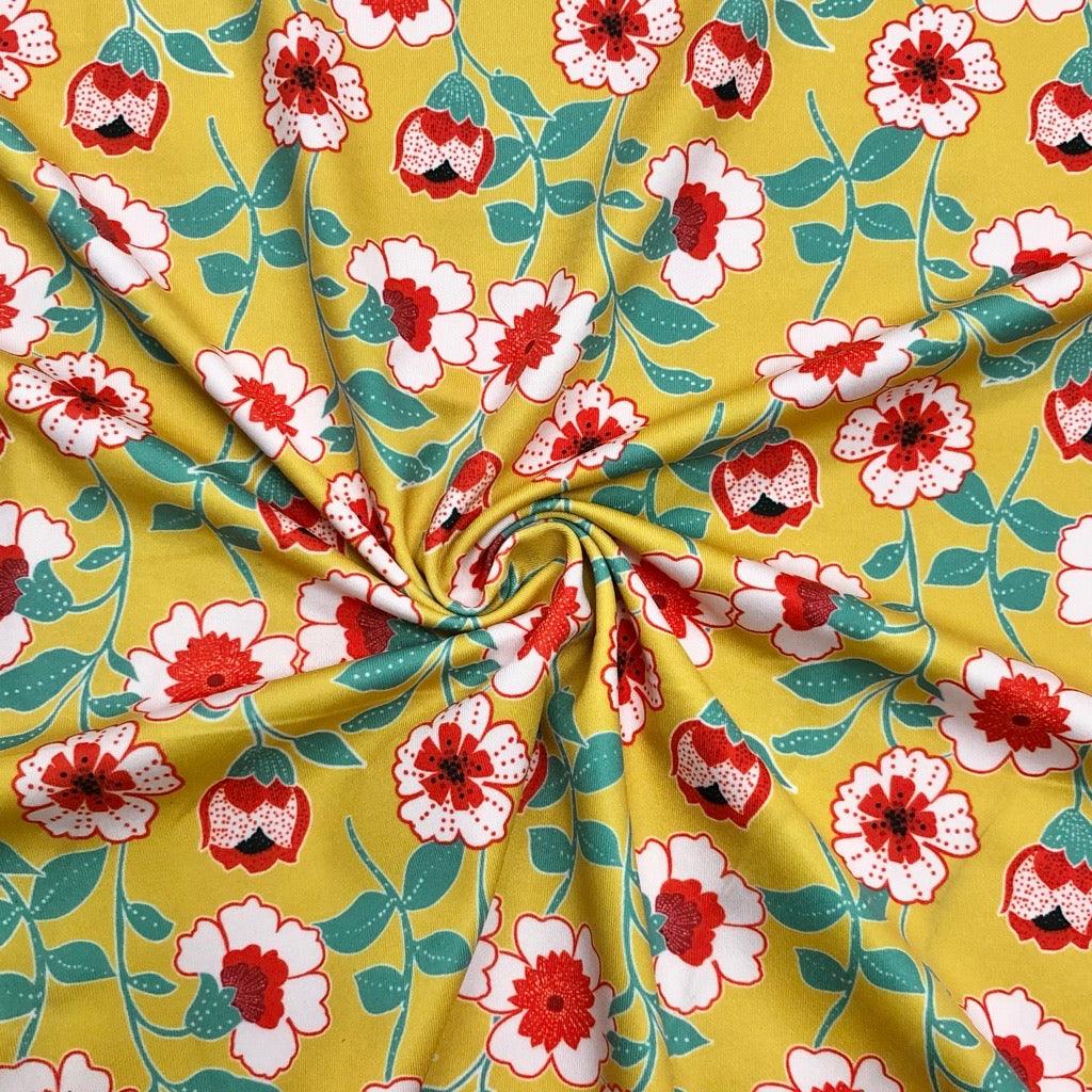 Poppies on Mustard Scuba Fabric - Pound Fabrics