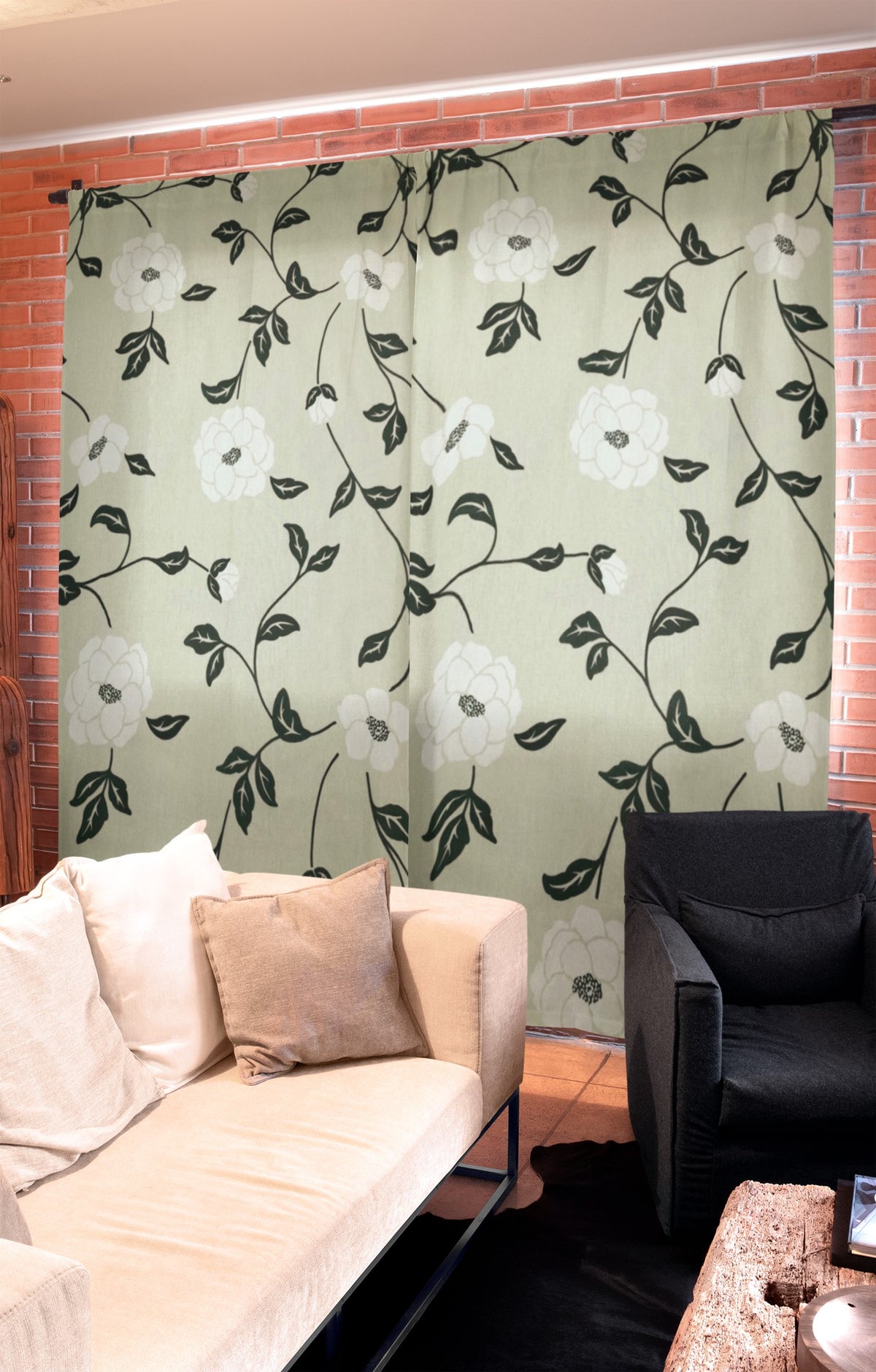 Large White Floral and Black Leaves on Mint Panama Fabric