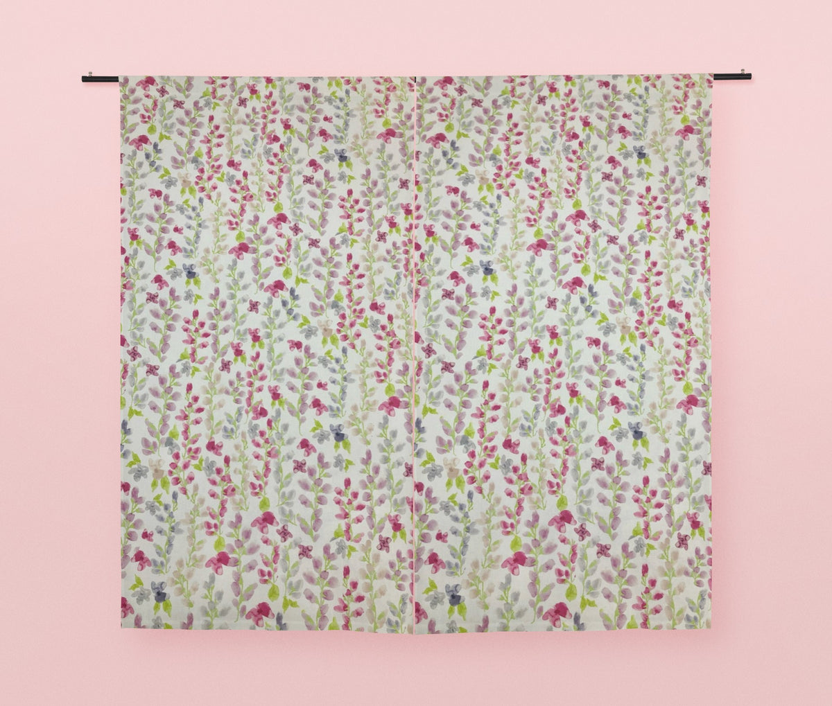 Watercolour Pink, Grey, Green Floral on Ivory Panama Fabric